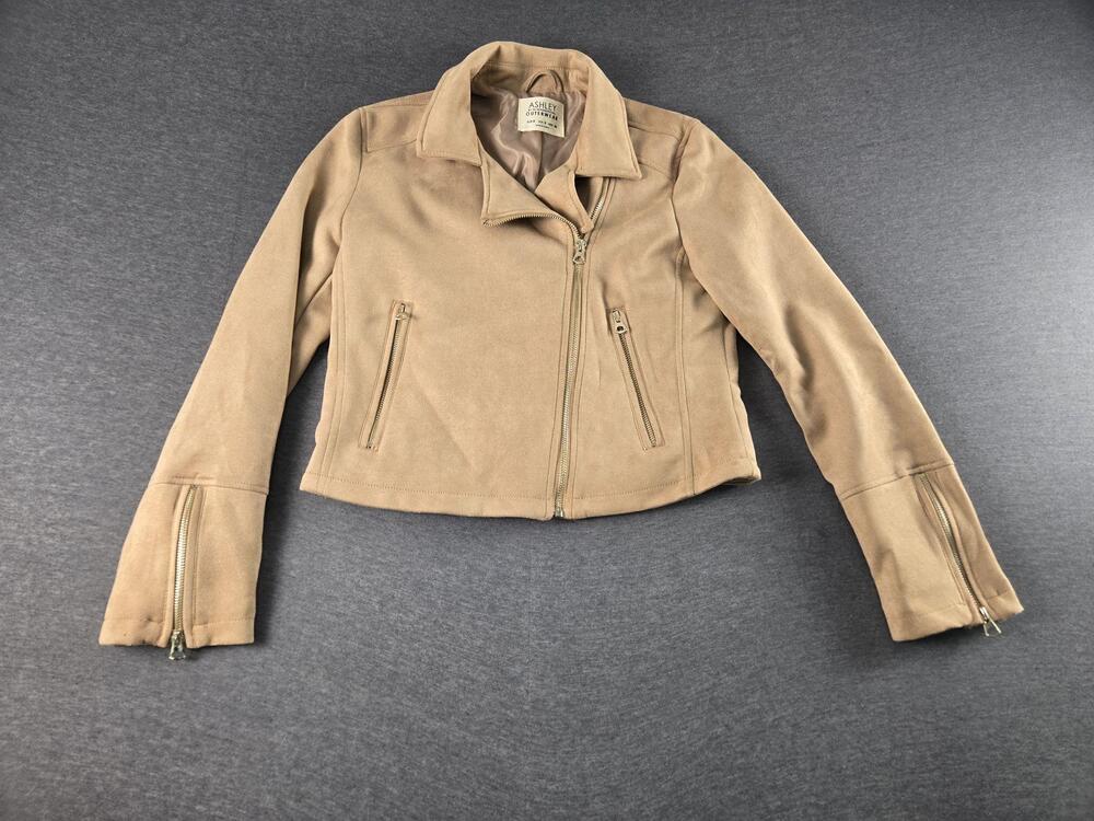 Ashley By 26 International Jacket Womens Small Beige Faux Suede Moto Zip Pockets